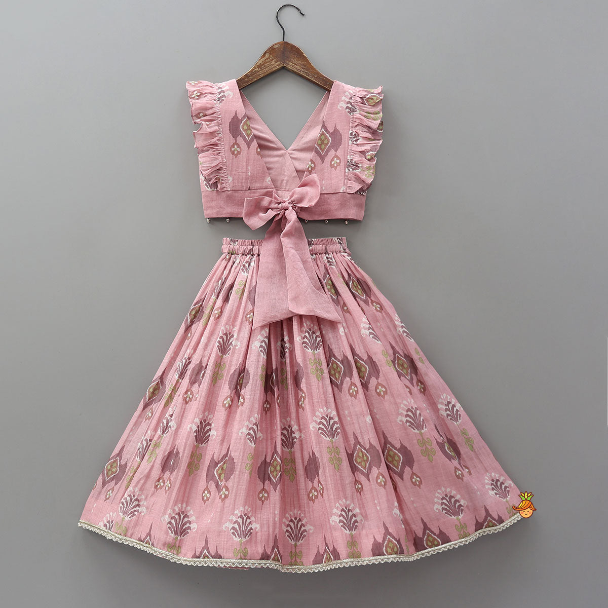 Pre Order: Printed Mul Chanderi Ruffle Crop Top And Lehenga