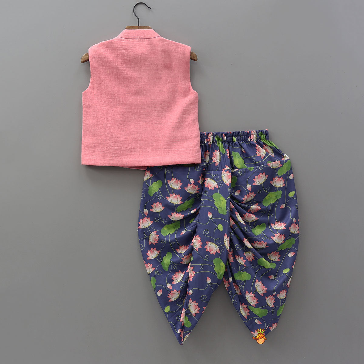 Sleeveless Overlap Jacket With Lotus Print Dhoti
