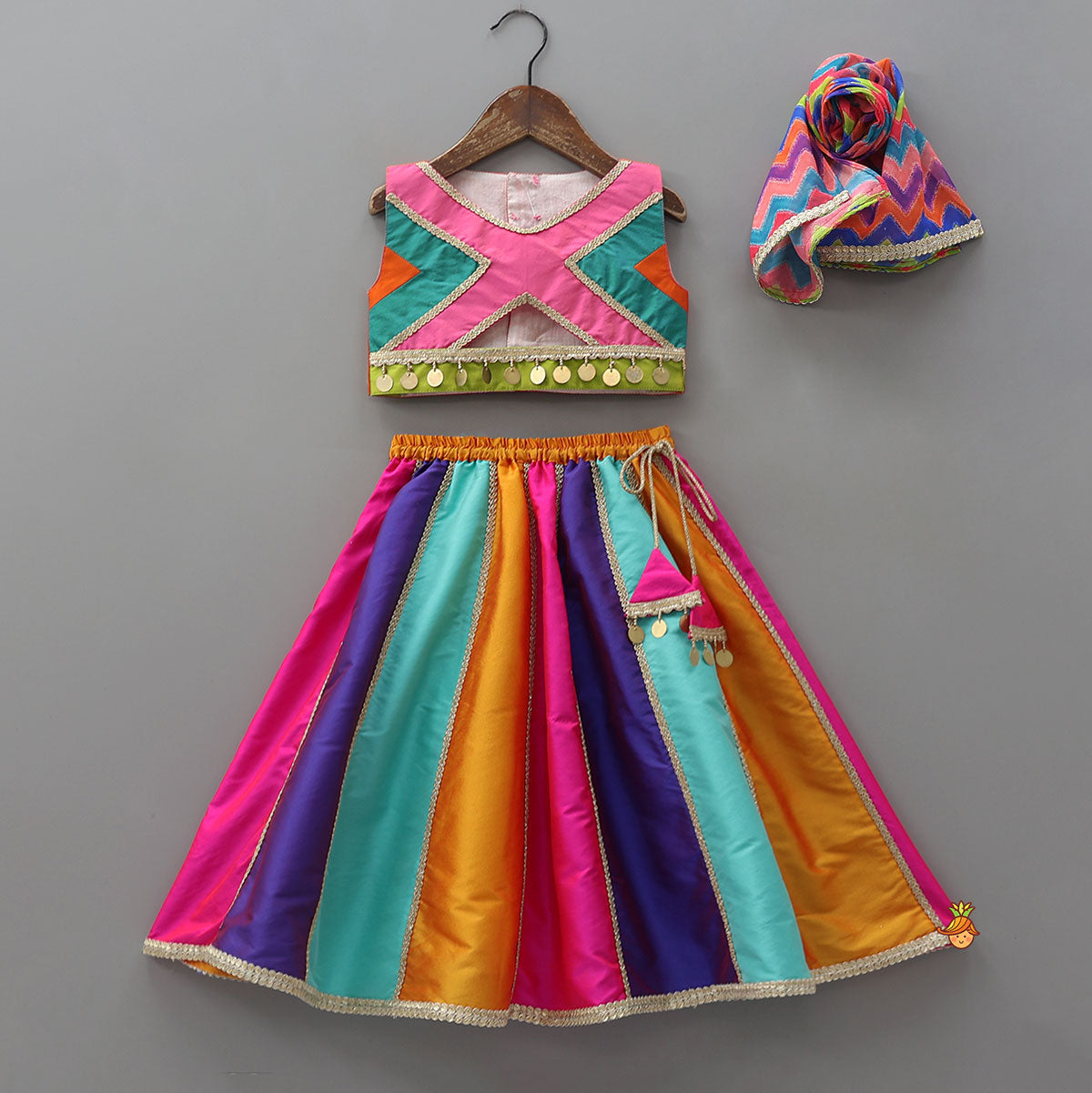 Pre Order: Lace Detailed Crop Top With Panelled Lehenga And Dupatta