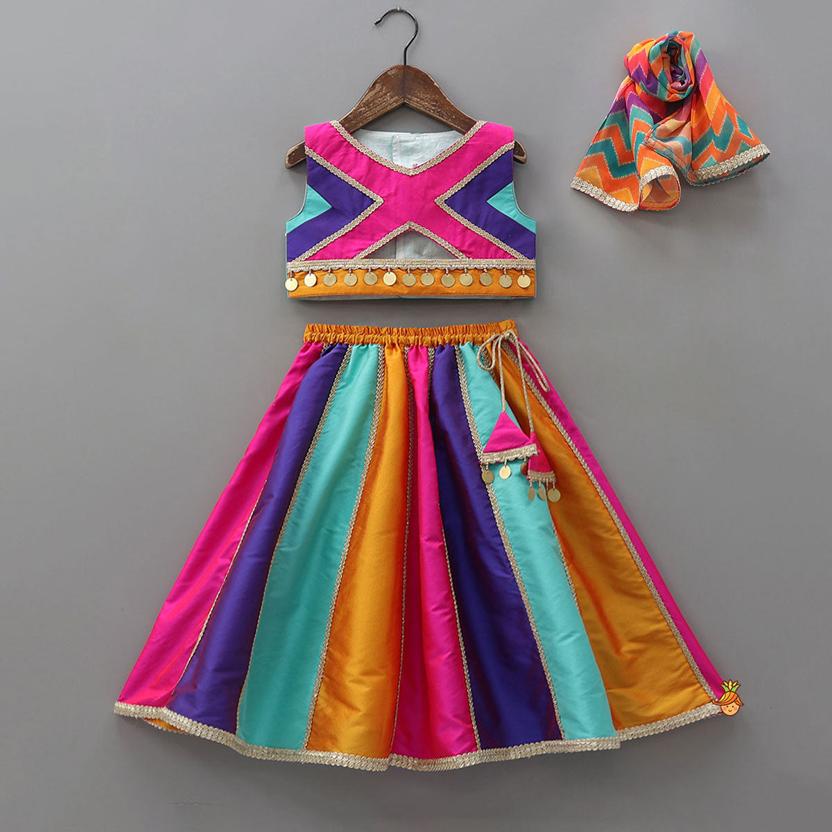 Pre Order: Lace Detailed Crop Top With Panelled Lehenga And Dupatta