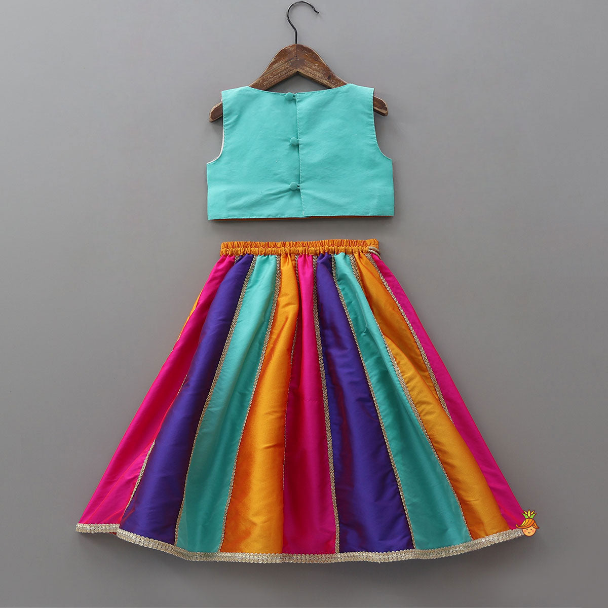 Pre Order: Lace Detailed Crop Top With Panelled Lehenga And Dupatta