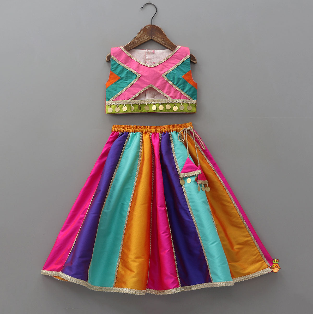 Pre Order: Lace Detailed Crop Top With Panelled Lehenga And Dupatta