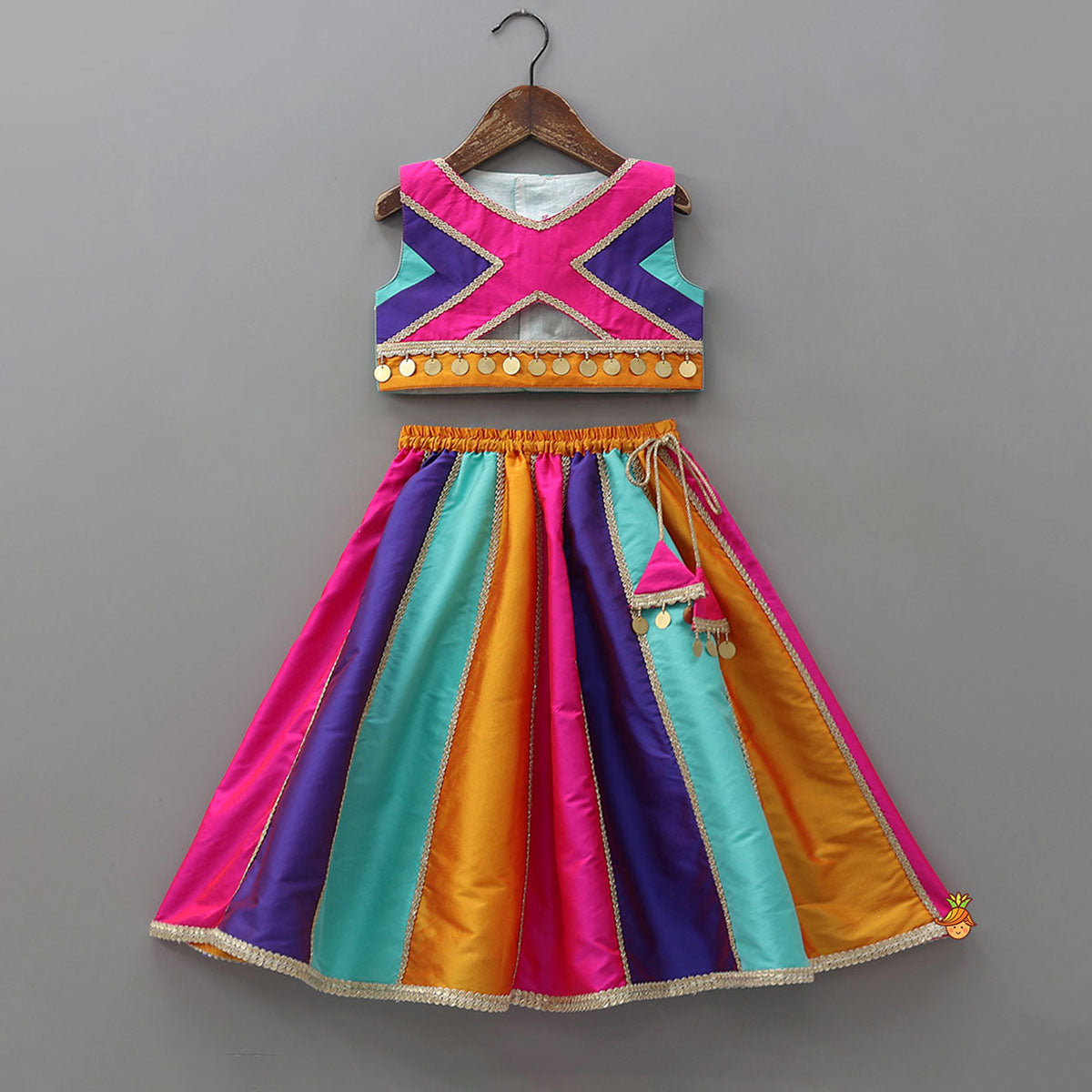 Pre Order: Lace Detailed Crop Top With Panelled Lehenga And Dupatta