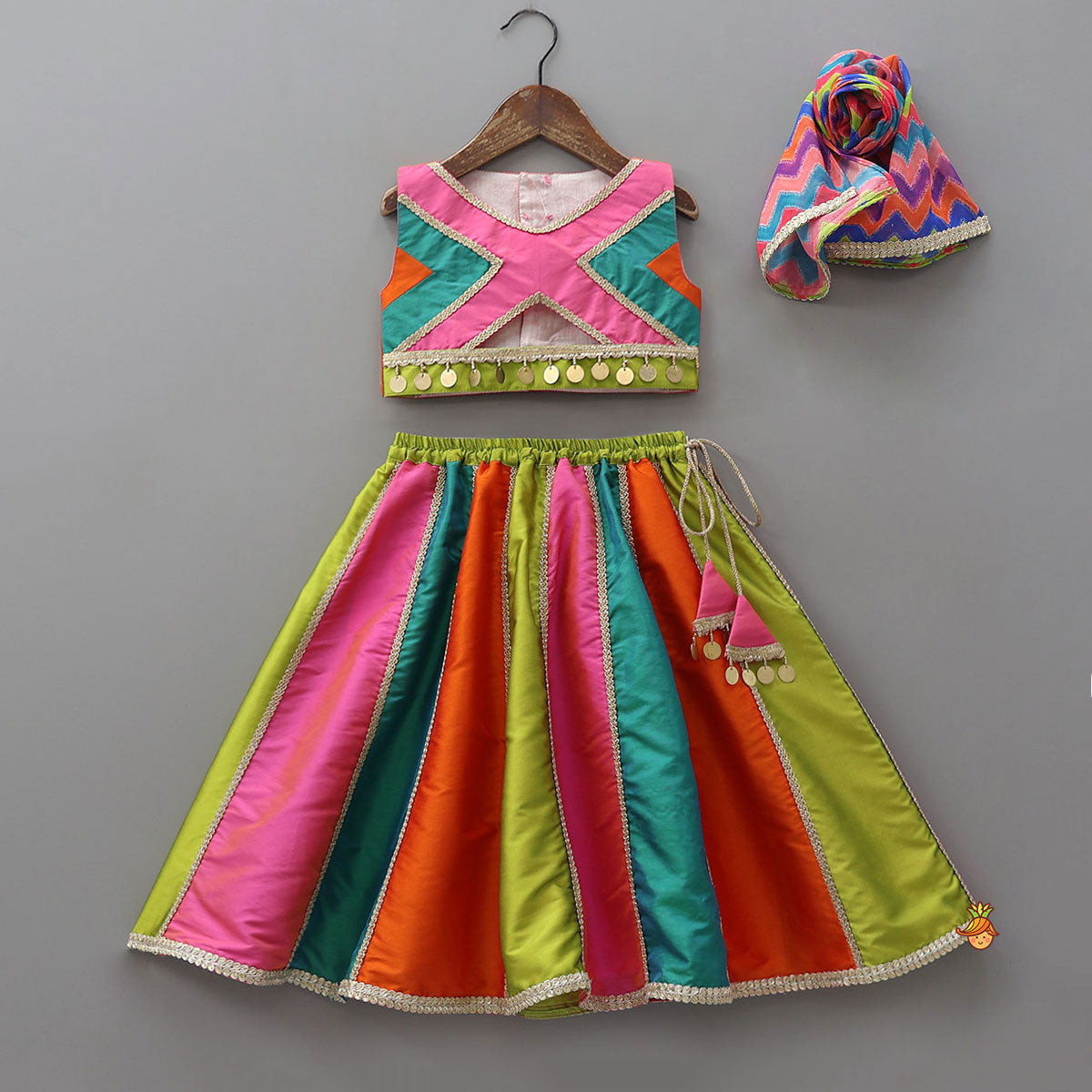 Pre Order: Embellished Crop Top With Panelled Lehenga And Dupatta