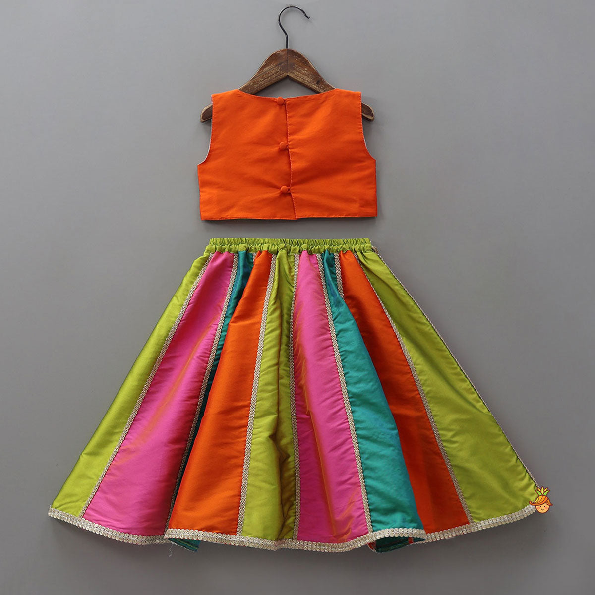 Pre Order: Embellished Crop Top With Panelled Lehenga And Dupatta