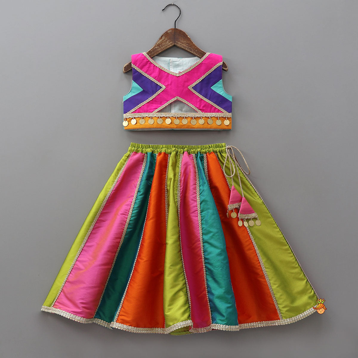 Pre Order: Embellished Crop Top With Panelled Lehenga And Dupatta