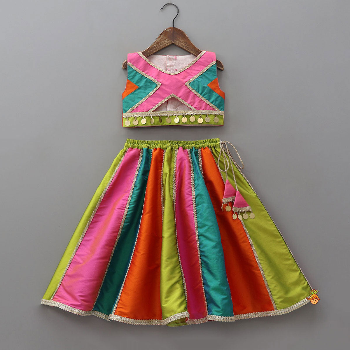 Pre Order: Embellished Crop Top With Panelled Lehenga And Dupatta