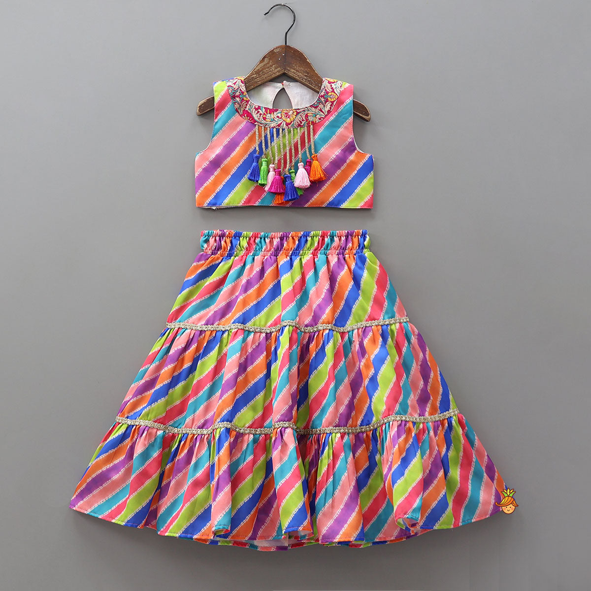 Pre Order: Striped Crop Top With Layered Lehenga And Dupatta