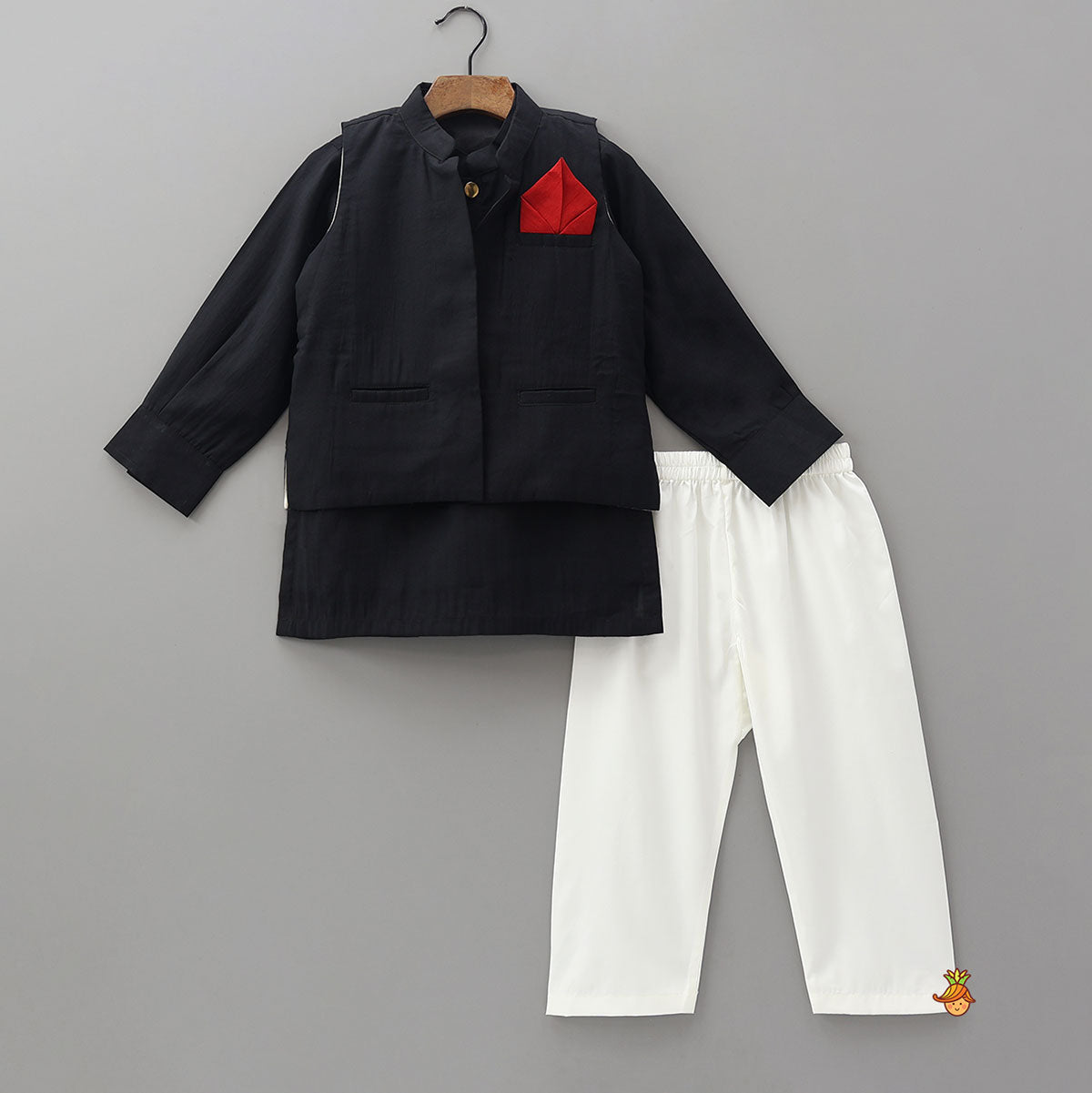 Pre Order: Kurta With Contrasting Pocket Square Jacket And Pyjama