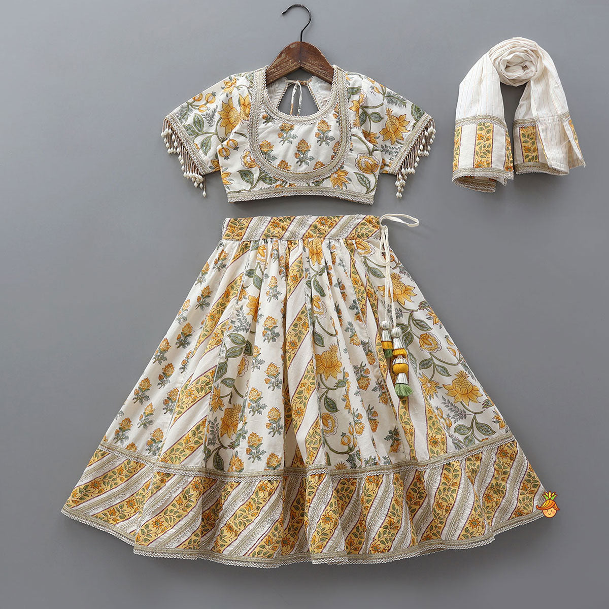 Pre Order: Floral Hand Block Printed Crop Top With Lehenga And Dupatta