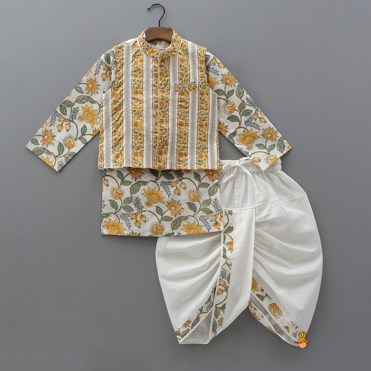 Pre Order: Hand Block Printed Kurta With Lace Detailed Jacket And Dhoti