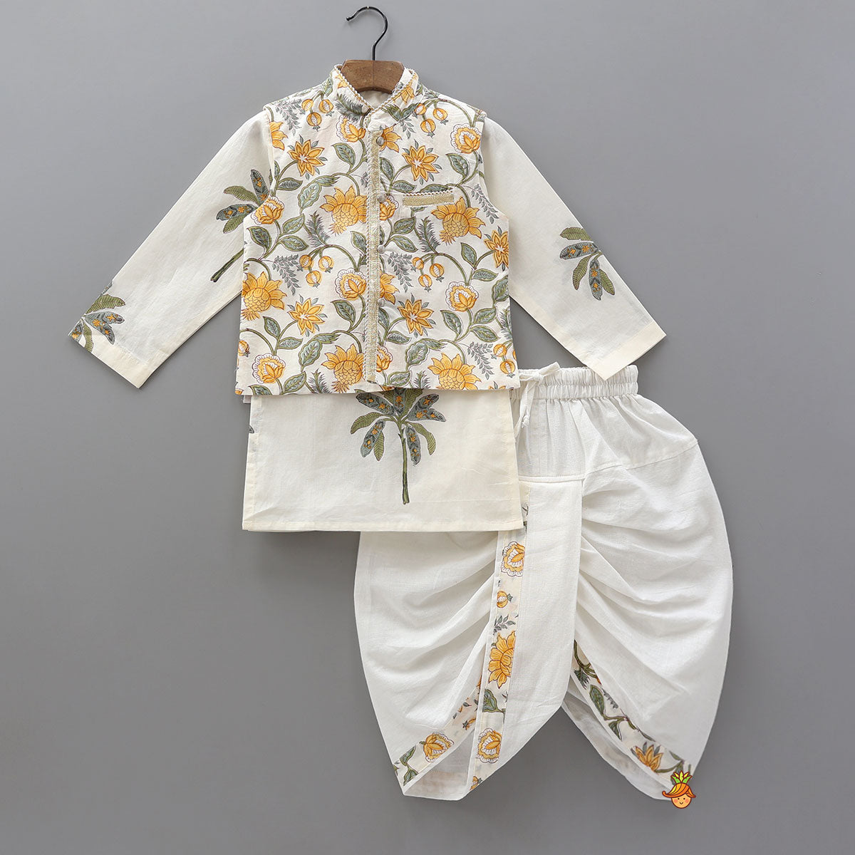 Pre Order: Floral Hand Block Printed Kurta With Jacket And Dhoti