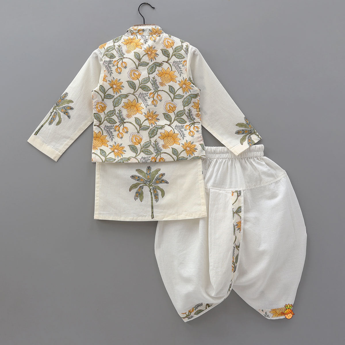 Pre Order: Floral Hand Block Printed Kurta With Jacket And Dhoti