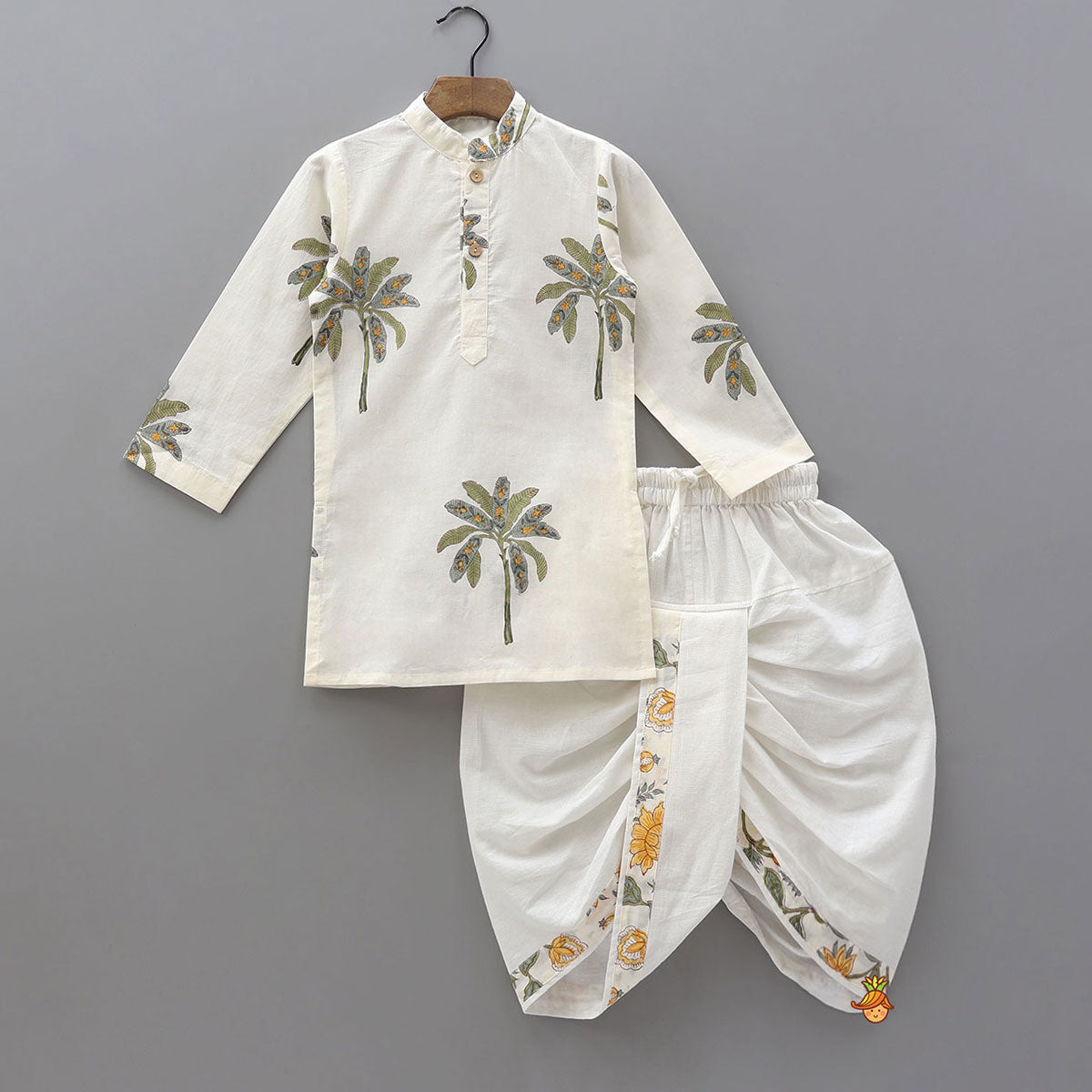 Pre Order: Floral Hand Block Printed Kurta With Jacket And Dhoti