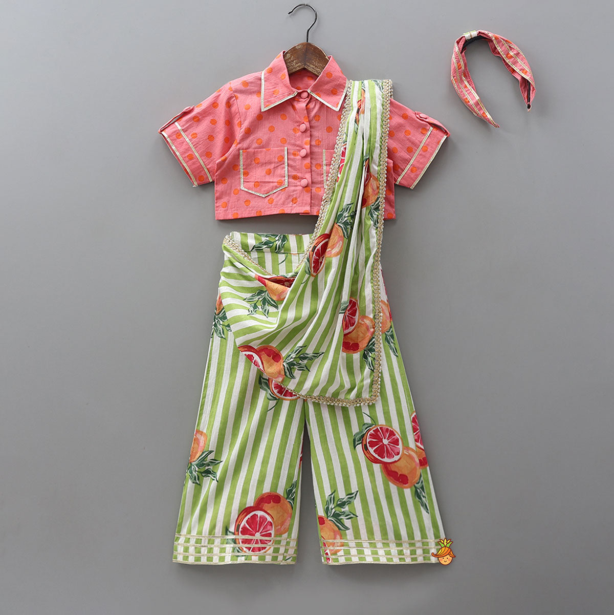 Pre Order: Shirt Style Top And Pant With Attached Dupatta And Hair Band