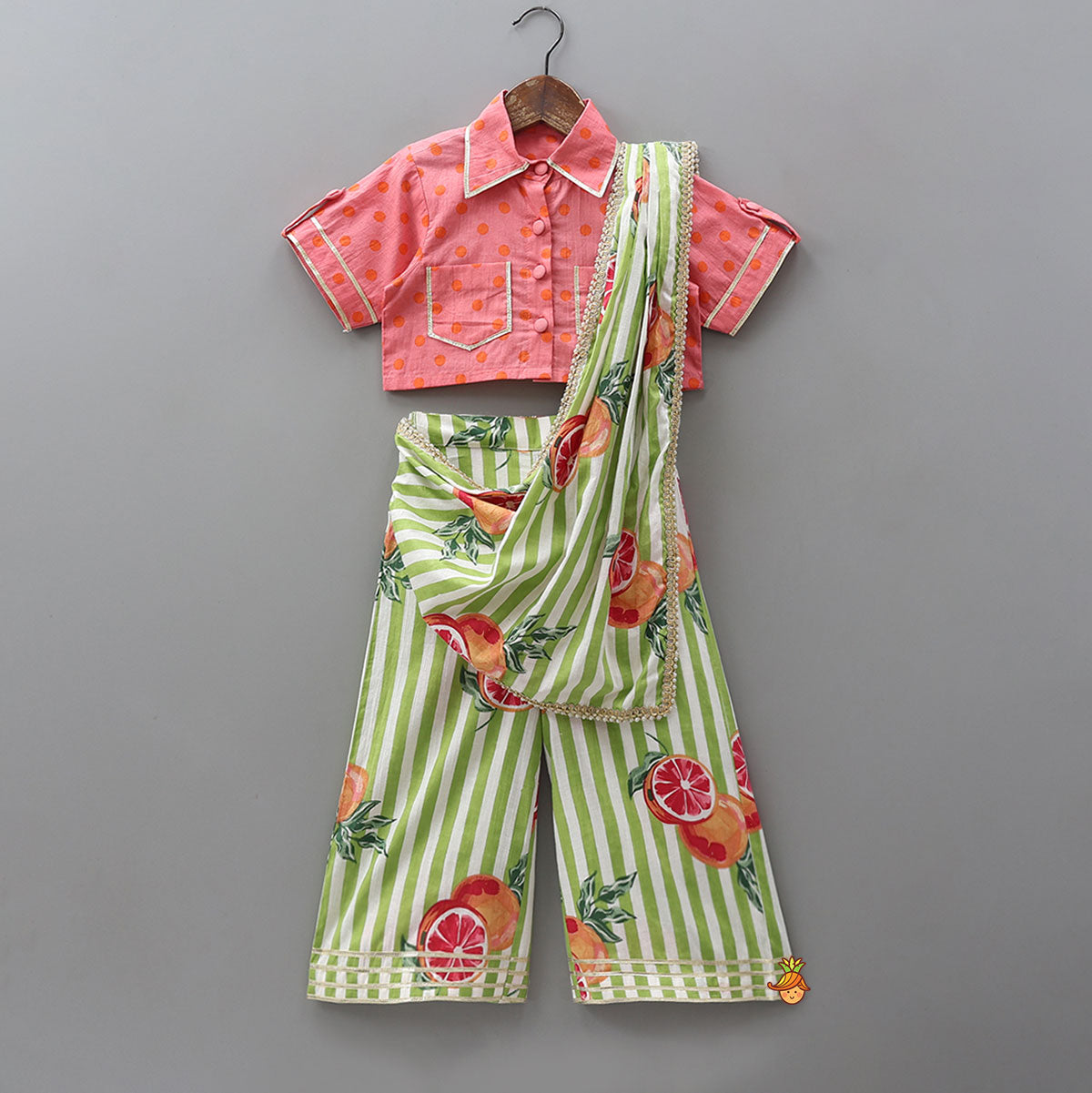 Pre Order: Shirt Style Top And Pant With Attached Dupatta And Hair Band