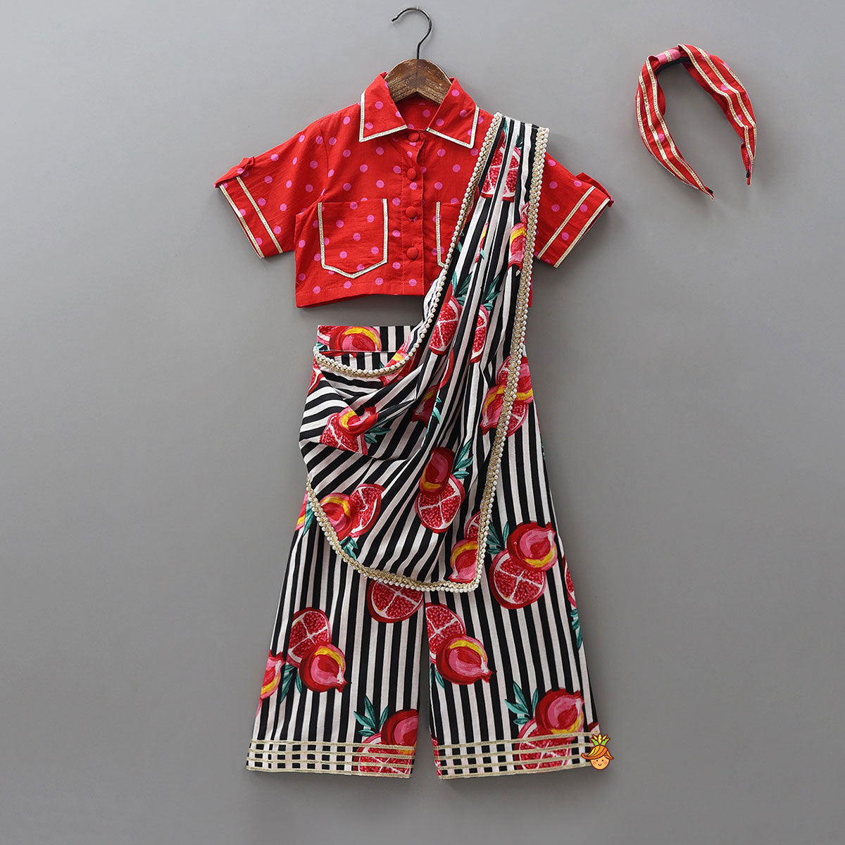 Pre Order: Elegant Shirt Style Top And Pant With Attached Dupatta And Hair Band