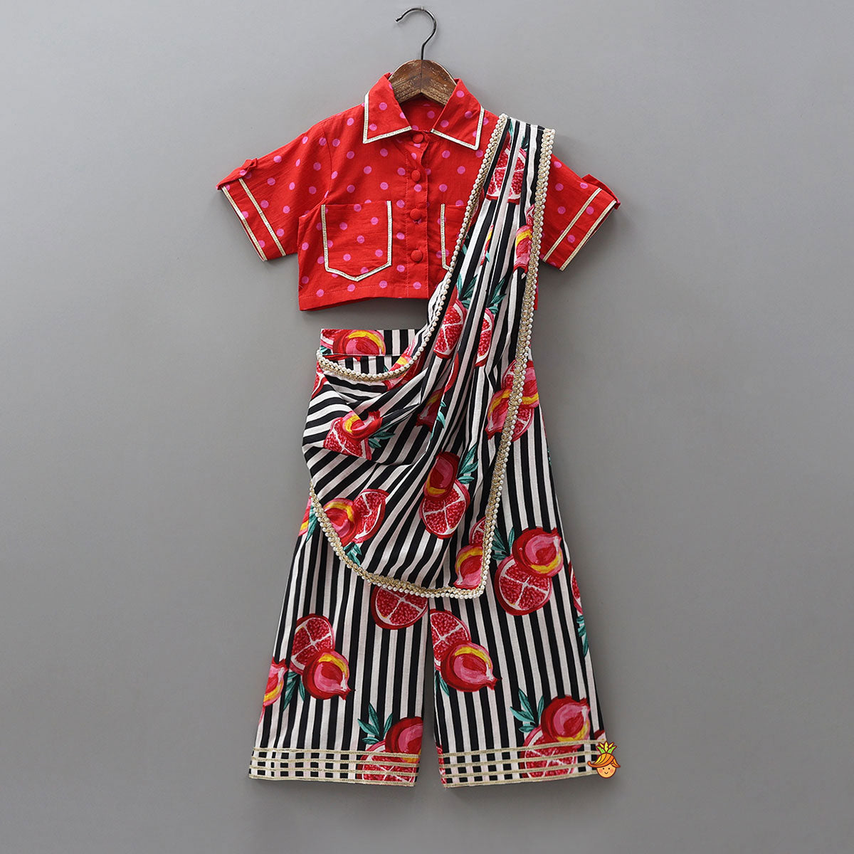 Pre Order: Elegant Shirt Style Top And Pant With Attached Dupatta And Hair Band
