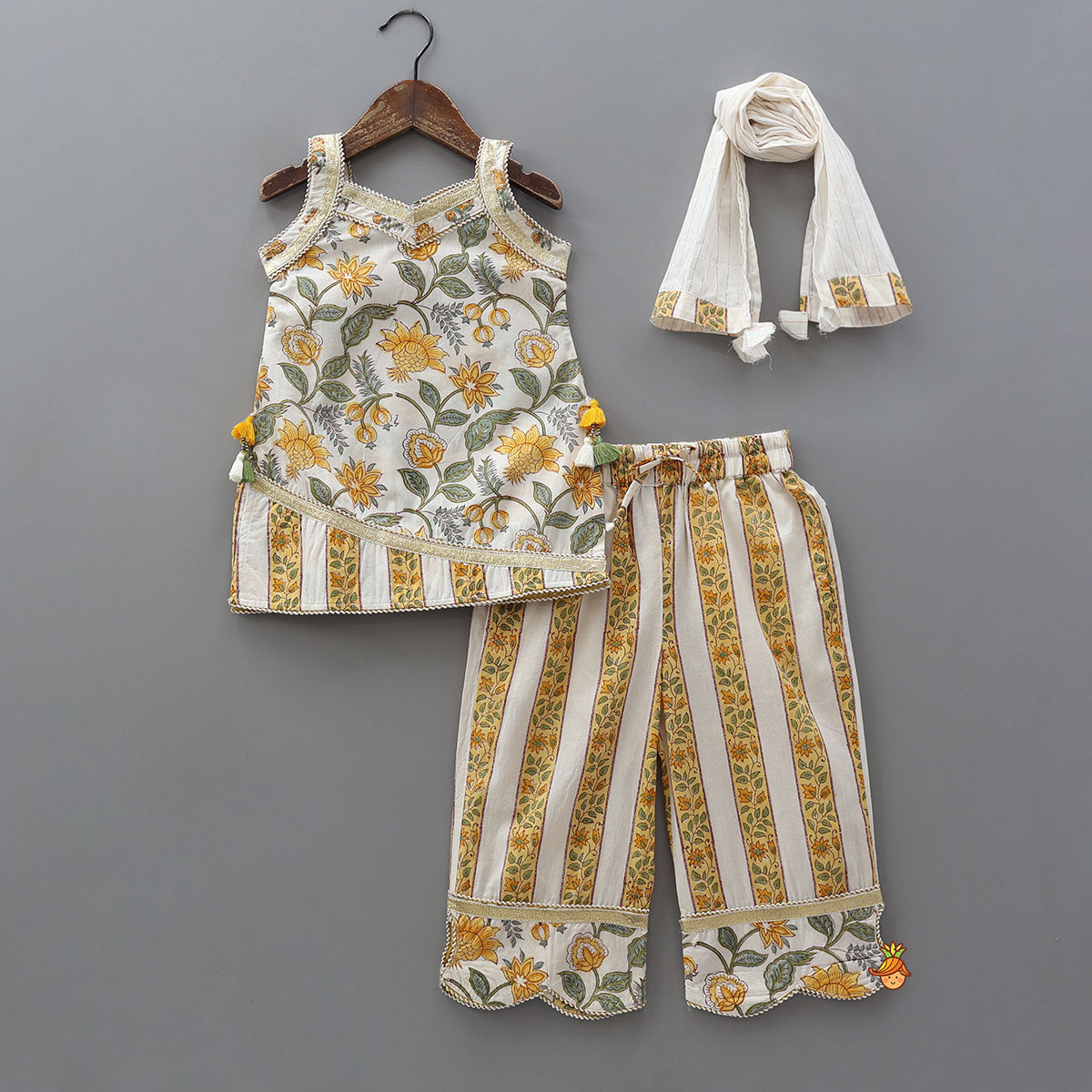 Pre Order: Floral Hand Block Printed Kurti With Pants And Dupatta