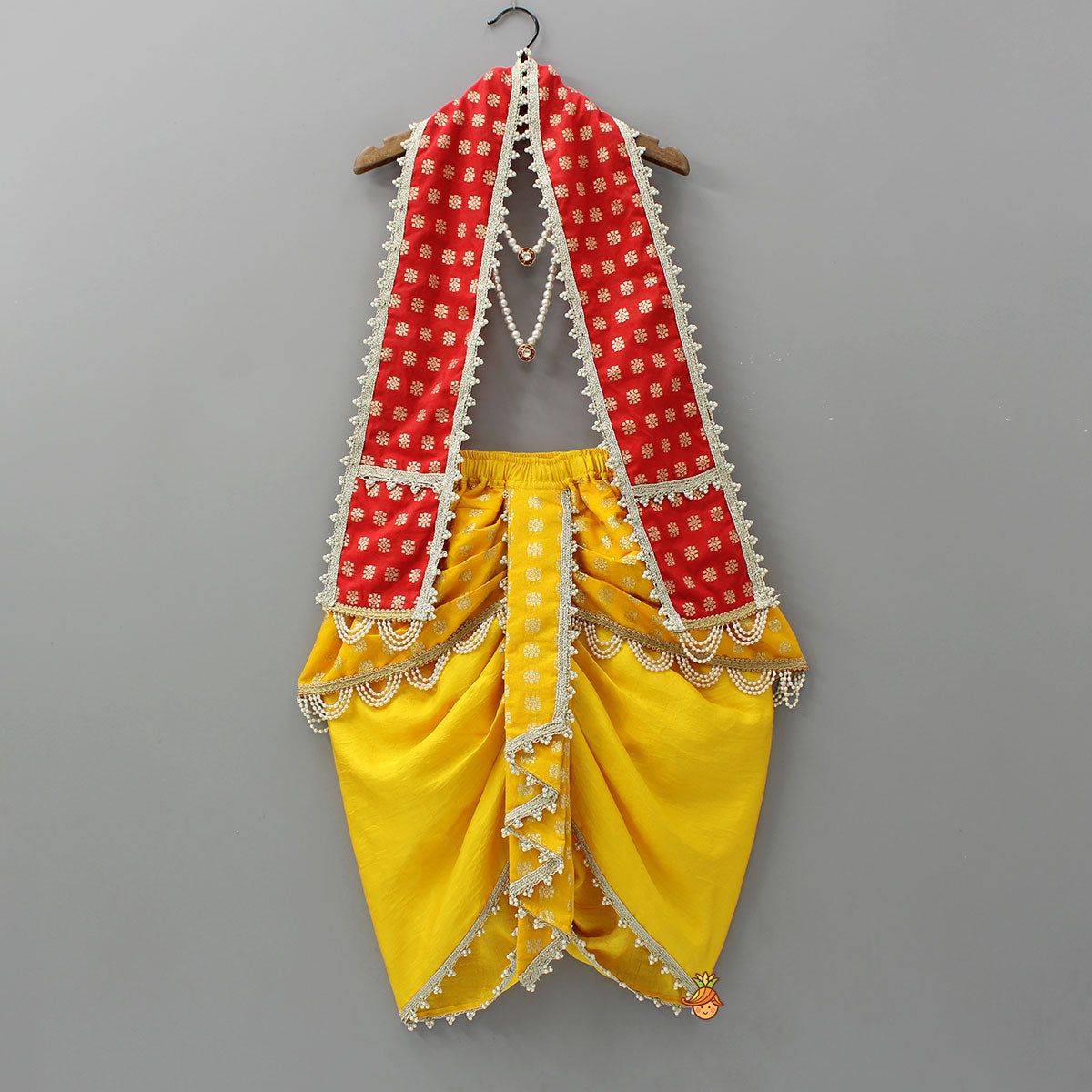 Pre Order: Traditional Brocade Dhoti Set With Matching Stole, Head Band, Basuri And Mala