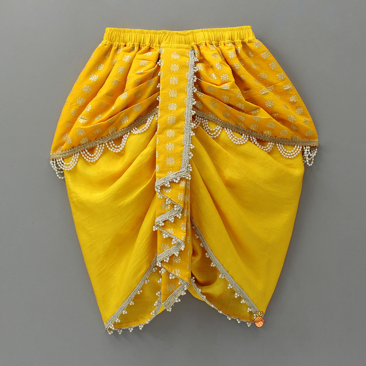 Pre Order: Traditional Brocade Dhoti Set With Matching Stole, Head Band, Basuri And Mala