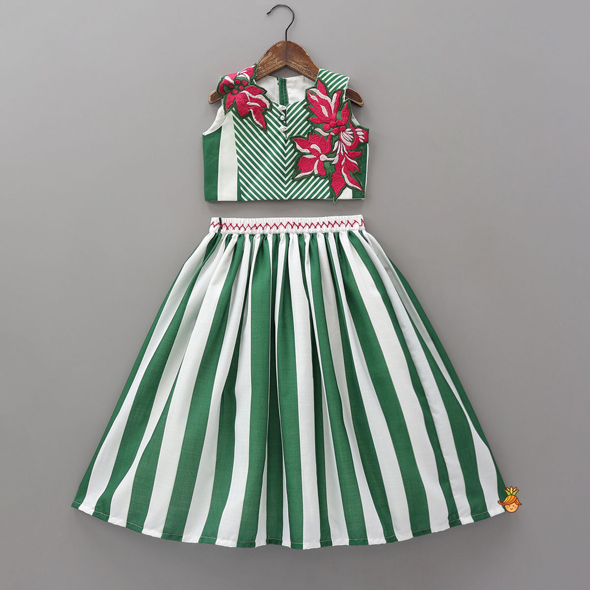 Applique Work Striped Crop Top And Lehenga