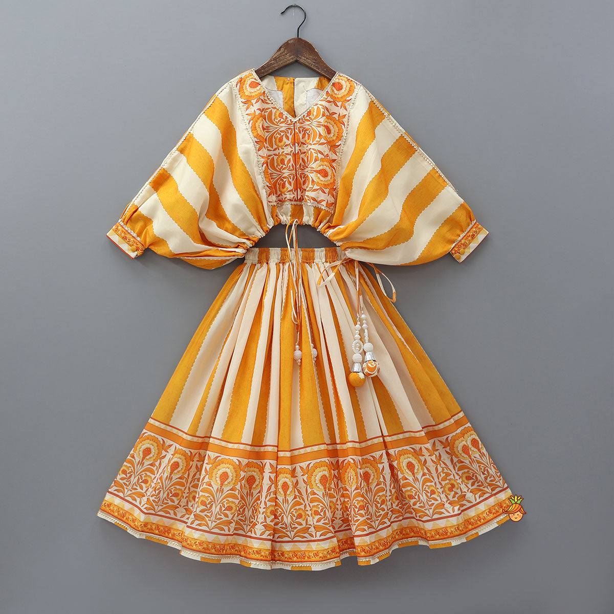 Pre Order: Kaftan Top And Lehenga With Matching Sling Bag