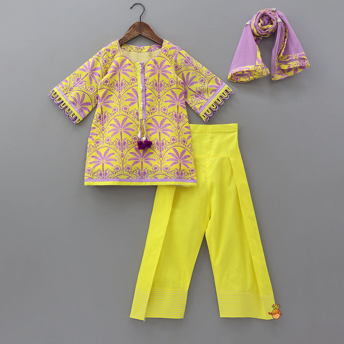 Pre Order: Trees And Birds Printed Kurti And Pants With Dupatta