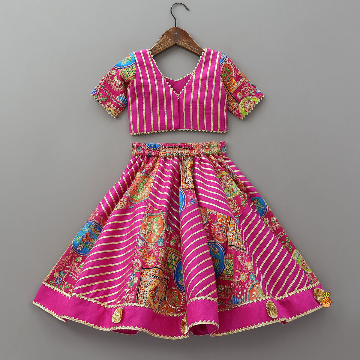 Printed And Embroidered Crop Top With Lehenga And Dupatta