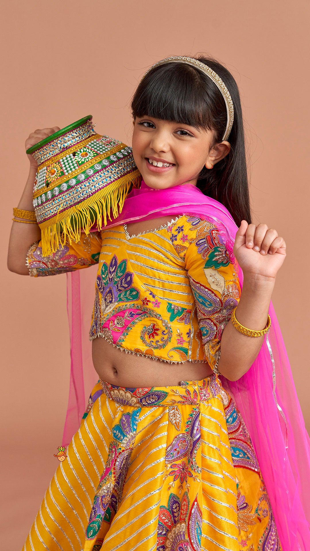 Gota Lace Detailed Crop Top And Lehenga With Net Dupatta