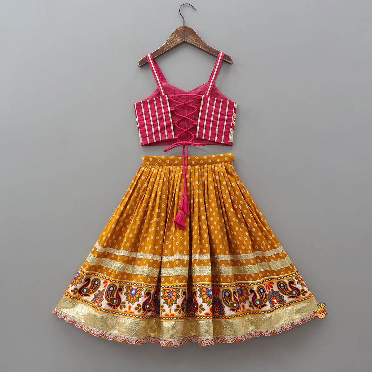 Strappy Crop Top And Mirror Work Lehenga With Dupatta