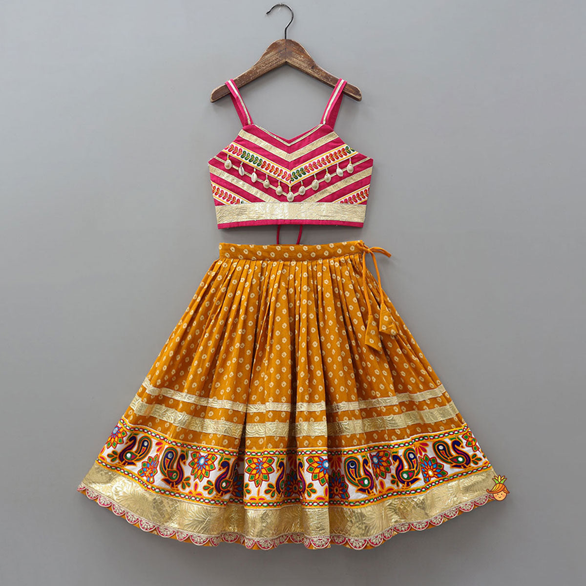 Strappy Crop Top And Mirror Work Lehenga With Dupatta