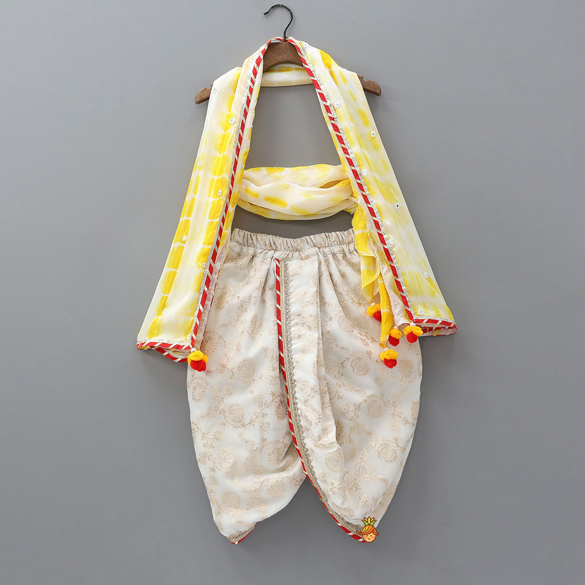 Pre Order: Festive Floral Brocade Dhoti Set With Tie Dye Stole And Waist Belt