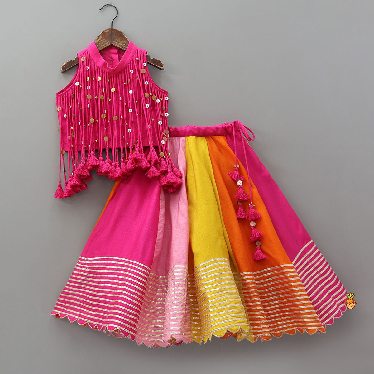 Multiple Hanging Tassel Detail Crop Top And Colourful Lehenga