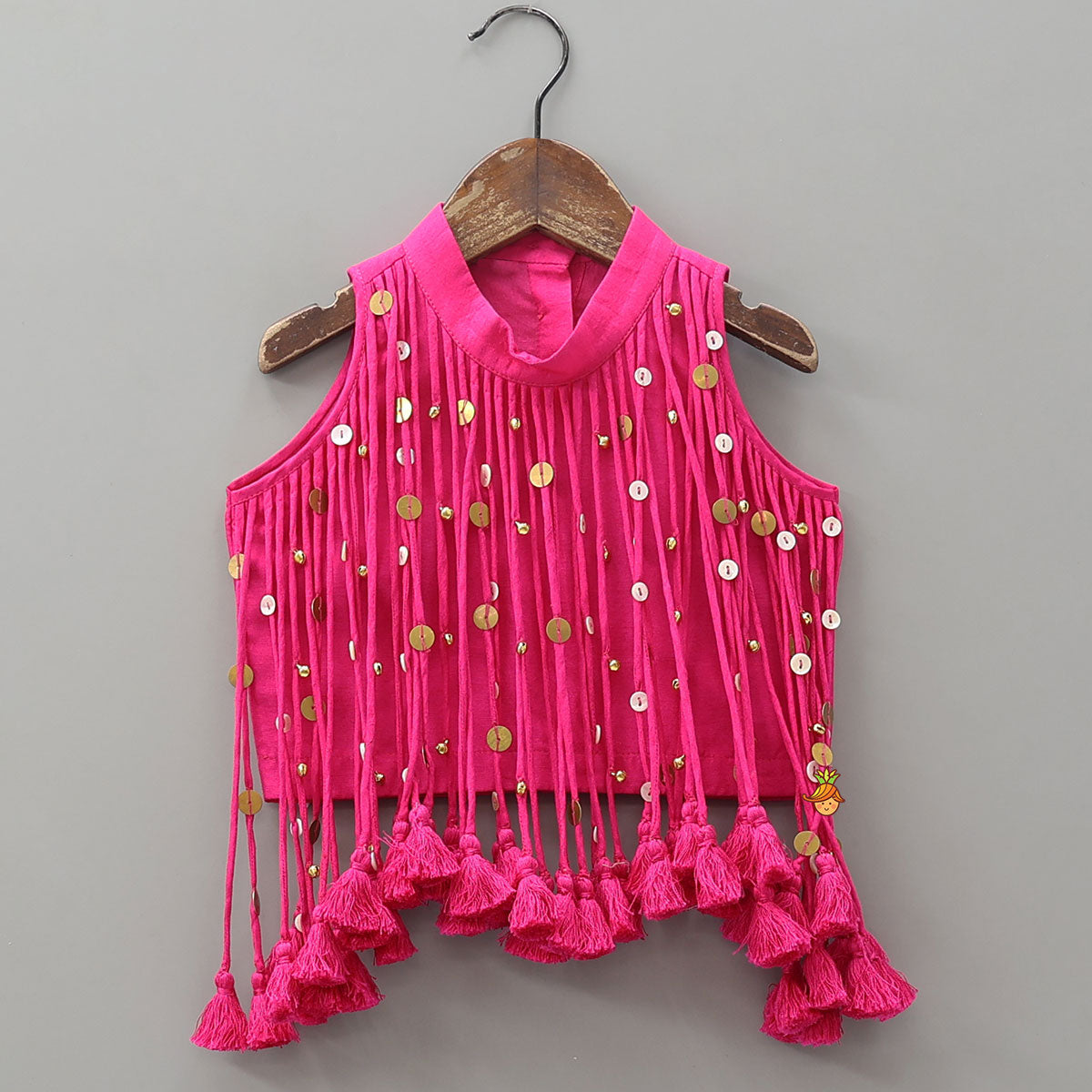 Multiple Hanging Tassel Detail Crop Top And Colourful Lehenga