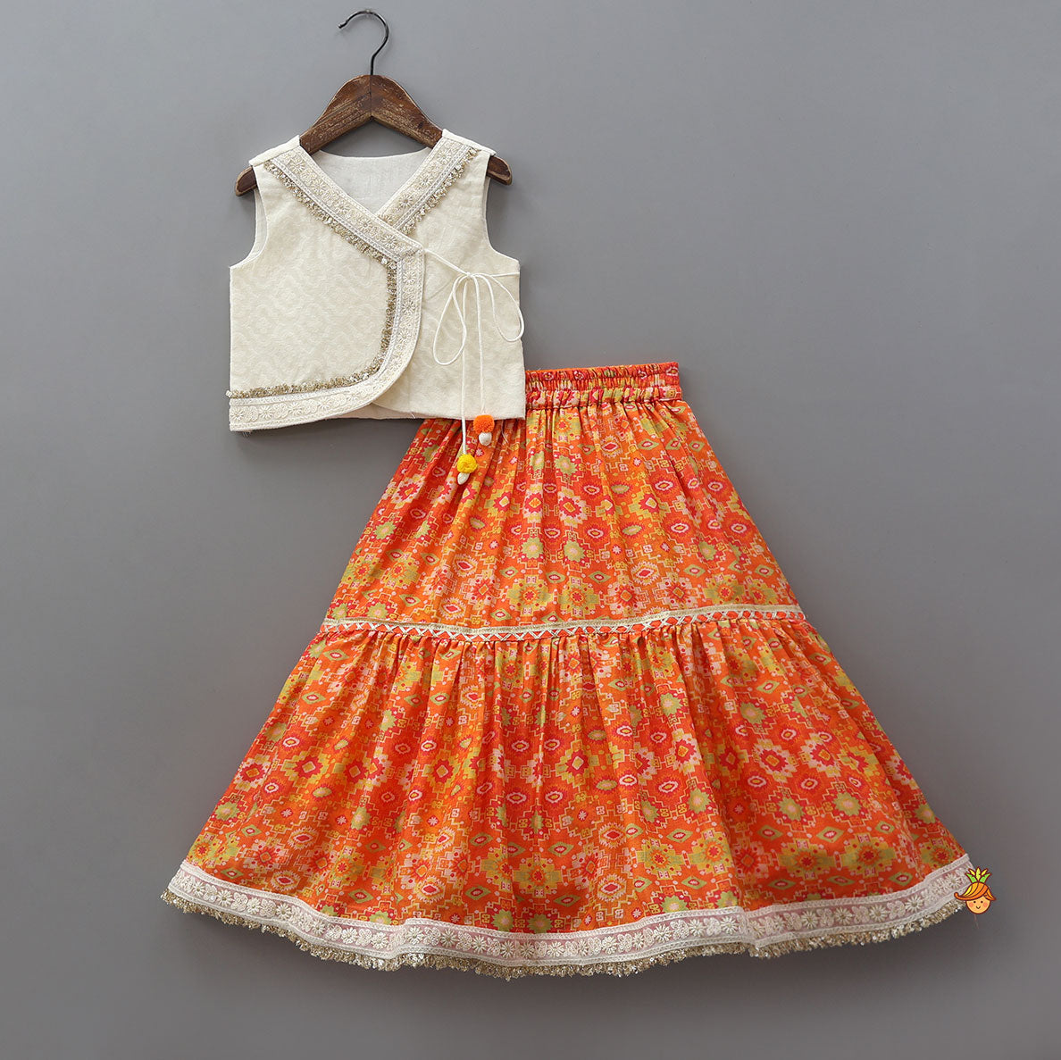 Pre Order: Lace detailed Angarakha Top With Printed Lehenga