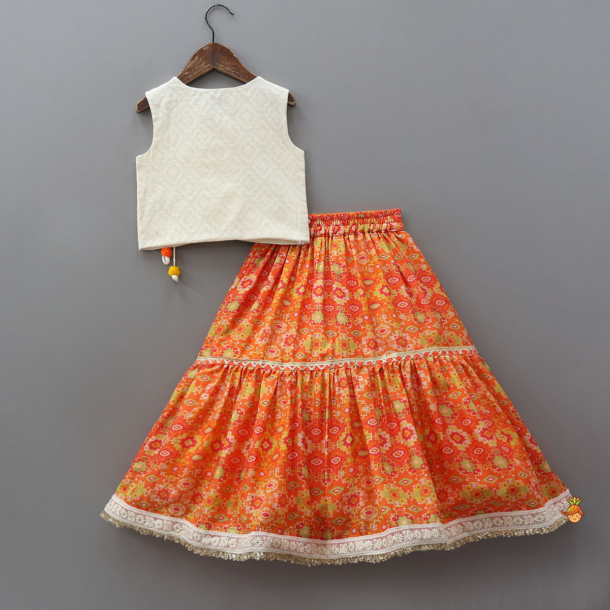 Pre Order: Lace detailed Angarakha Top With Printed Lehenga