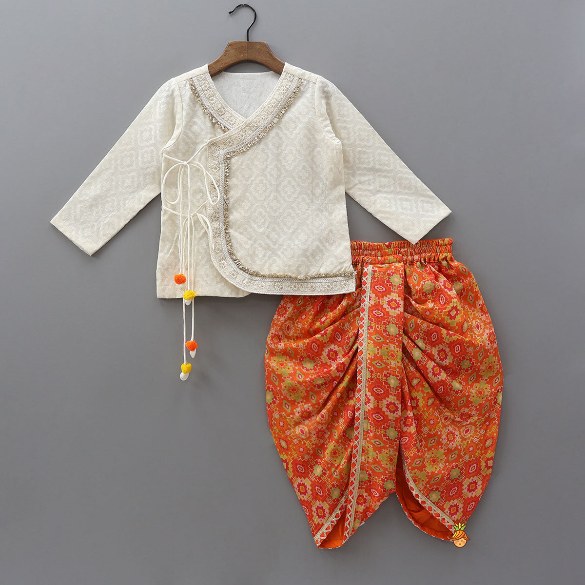 Pre Order: Lace Detailed Angarakha Kurta With Printed Dhoti