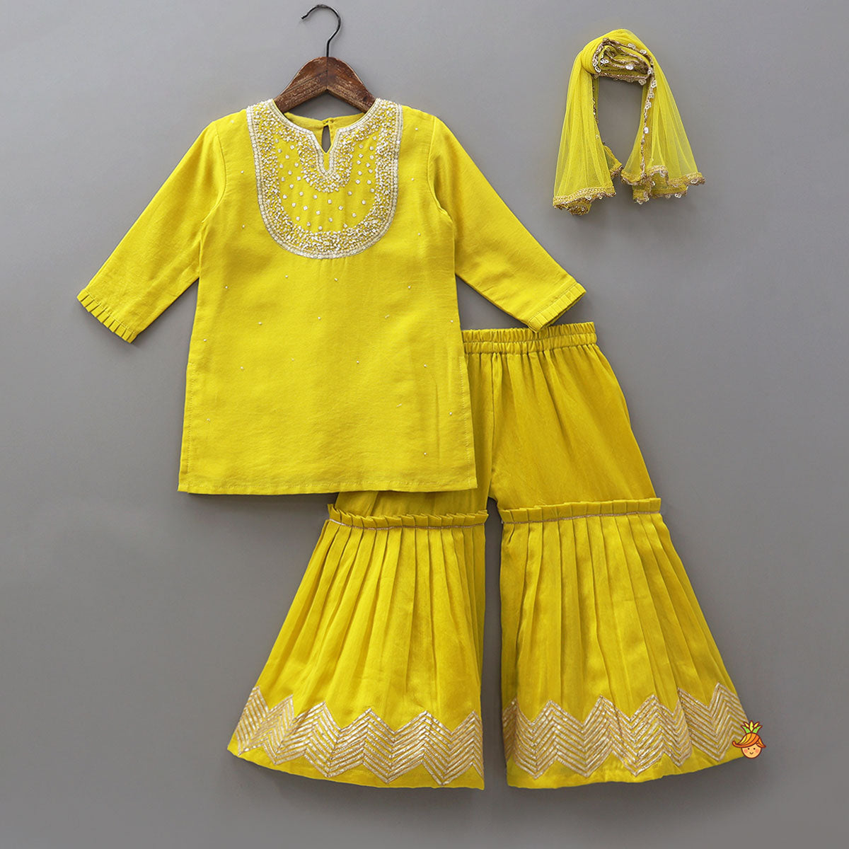 Pre Order: Yoke Embroidered Kurti And Pleated Sharara With Matching Dupatta