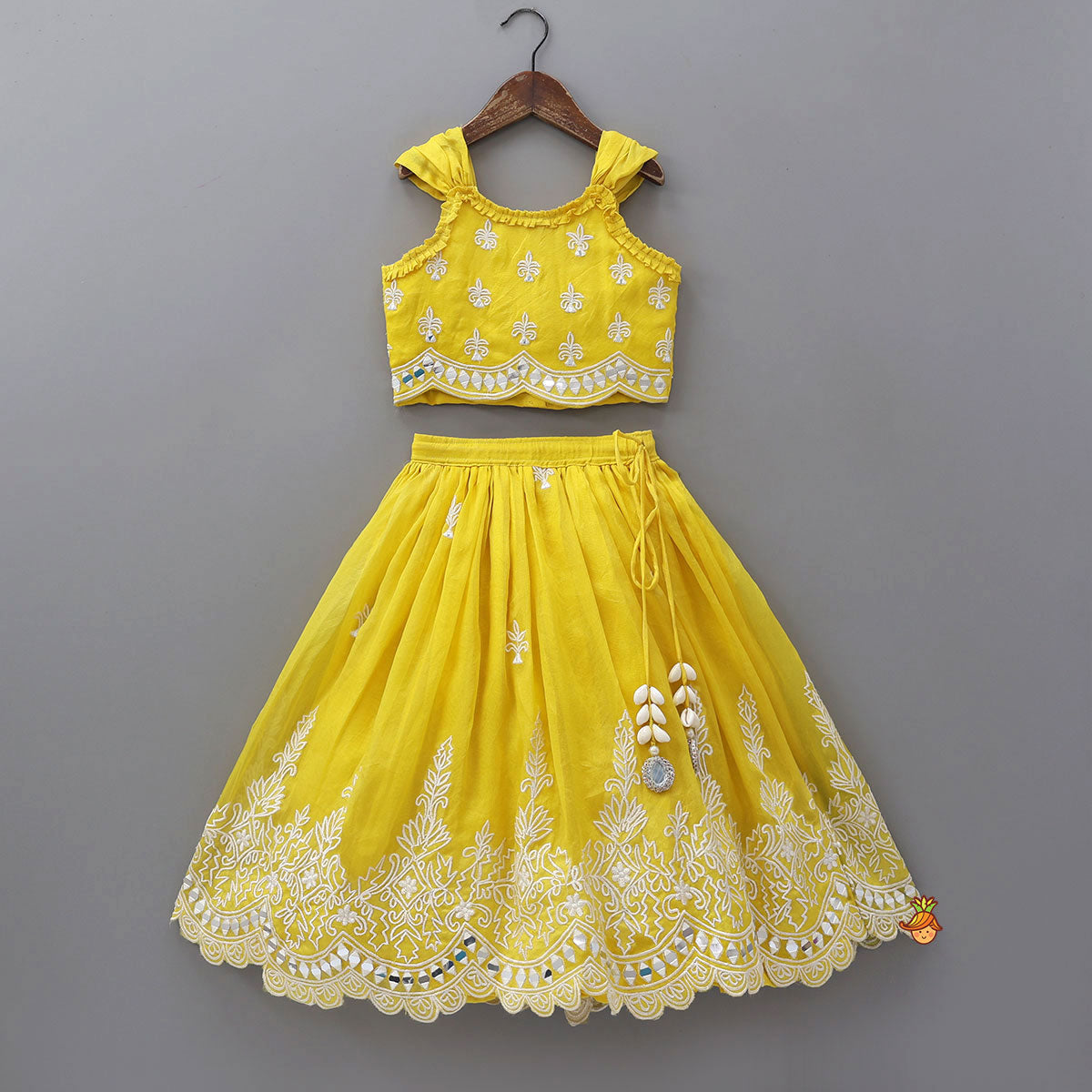 Pre Order: Faux Mirror Work Organza Crop Top And Lehenga