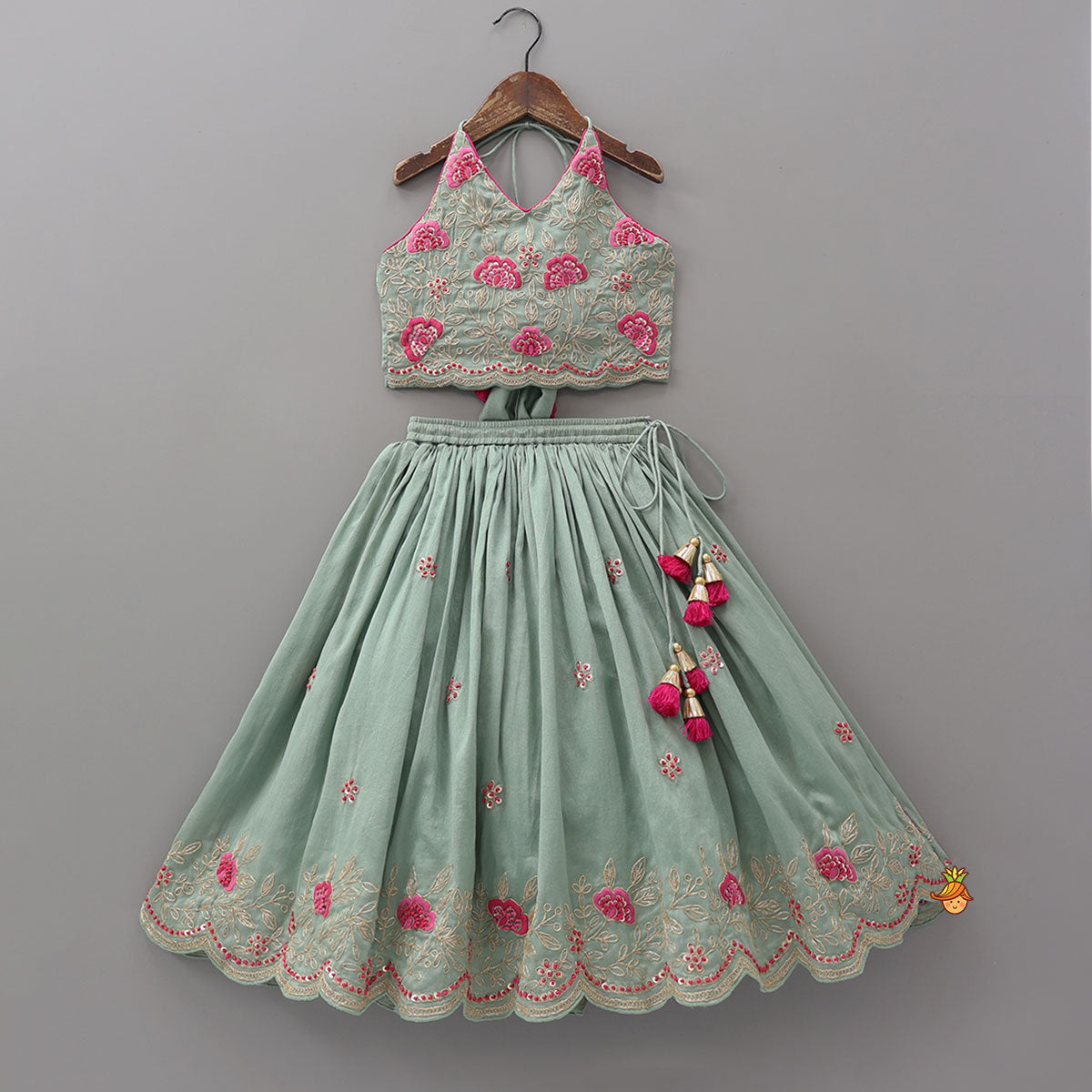 Pre Order: Halter Neck Crop Top And Scalloped Lehenga