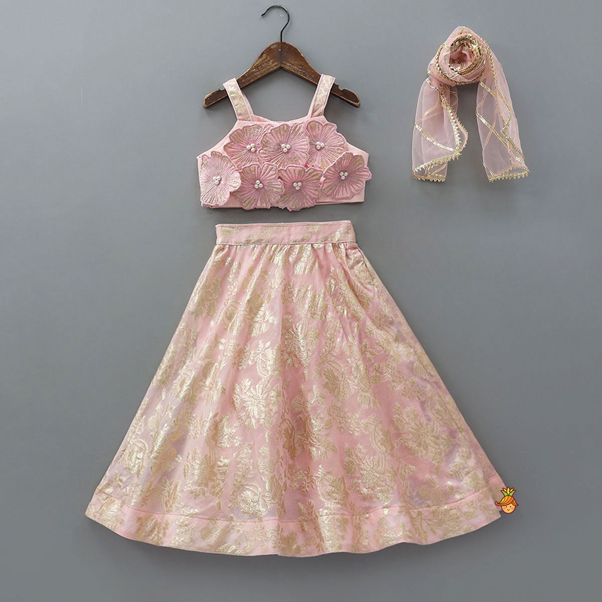 Pre Order: Fabric Flower Embellished Chanderi Crop Top And Lehenga With Net Dupatta
