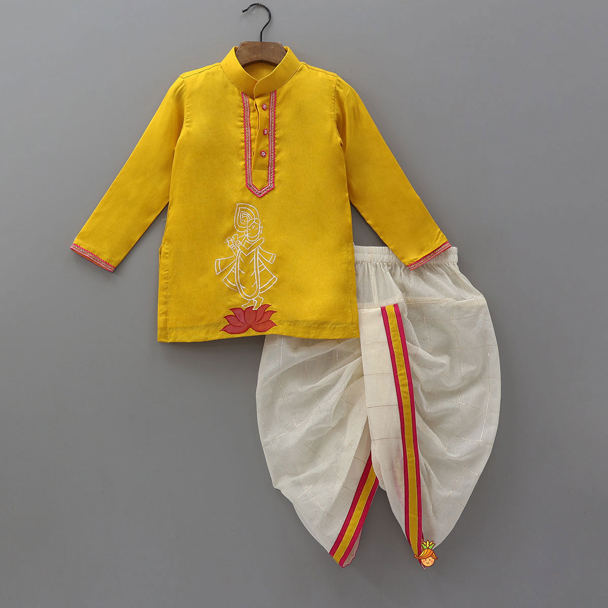 Beautiful Krishna-Printed Kurta And Checked Dhoti With Mukut And Basuri