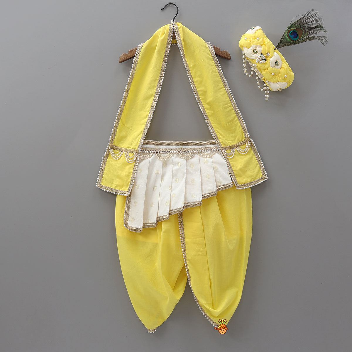 Pre Order: Traditional Dhoti Set With Matching Stole And Waist Belt With Headband