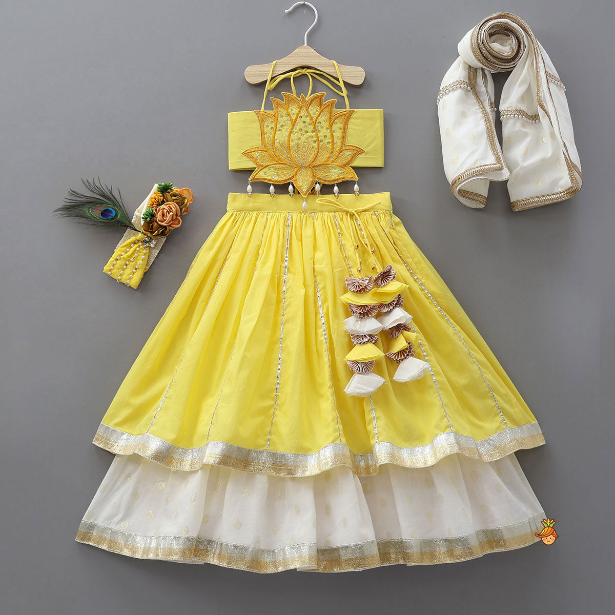 Pre Order: Lotus Applique Work Crop Top And Layered Lehenga With Dupatta And Matching Headband