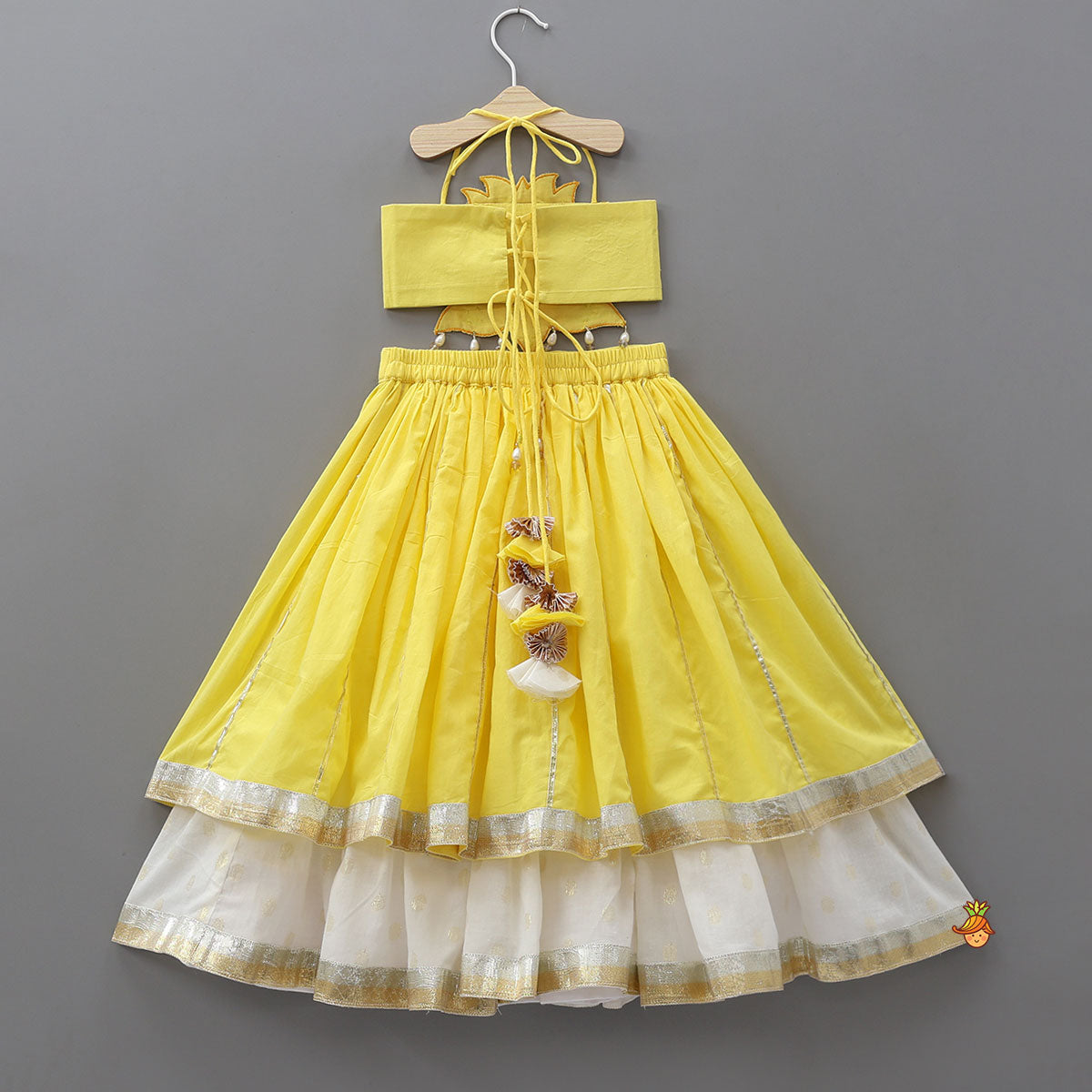 Pre Order: Lotus Applique Work Crop Top And Layered Lehenga With Dupatta And Matching Headband