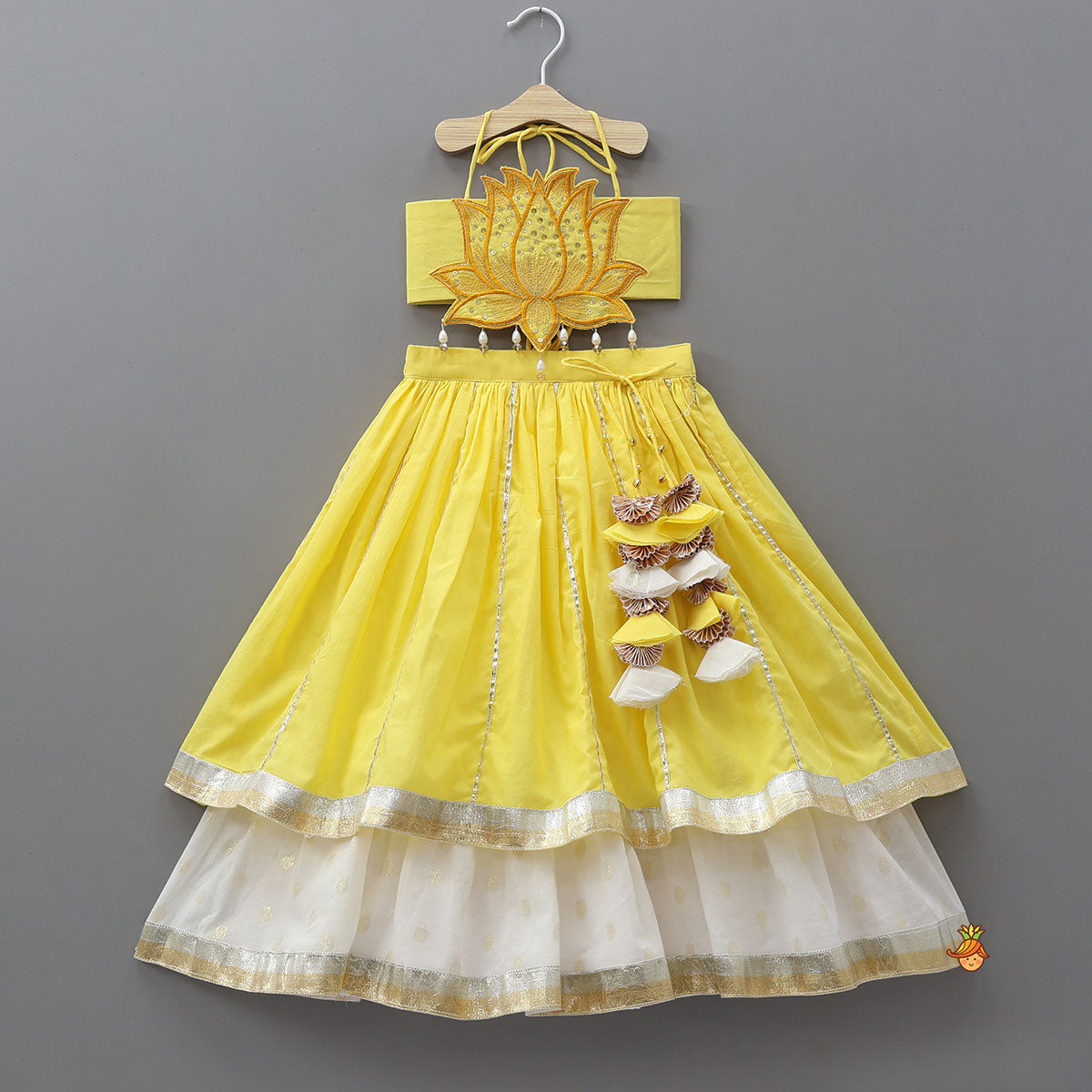 Pre Order: Lotus Applique Work Crop Top And Layered Lehenga With Dupatta And Matching Headband
