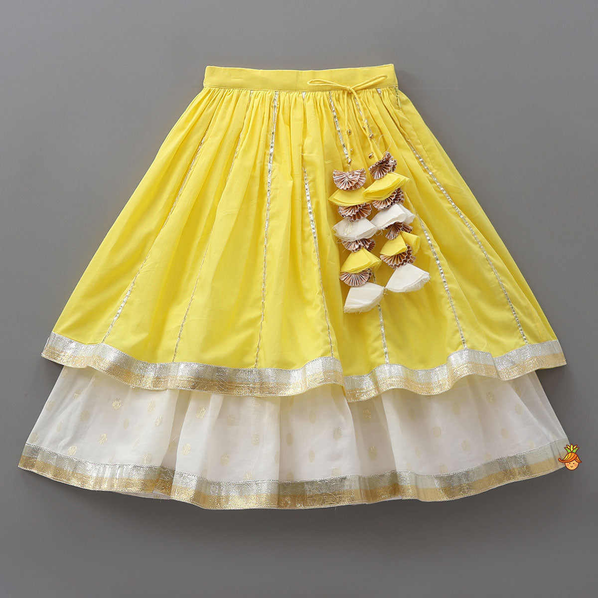 Pre Order: Lotus Applique Work Crop Top And Layered Lehenga With Dupatta And Matching Headband