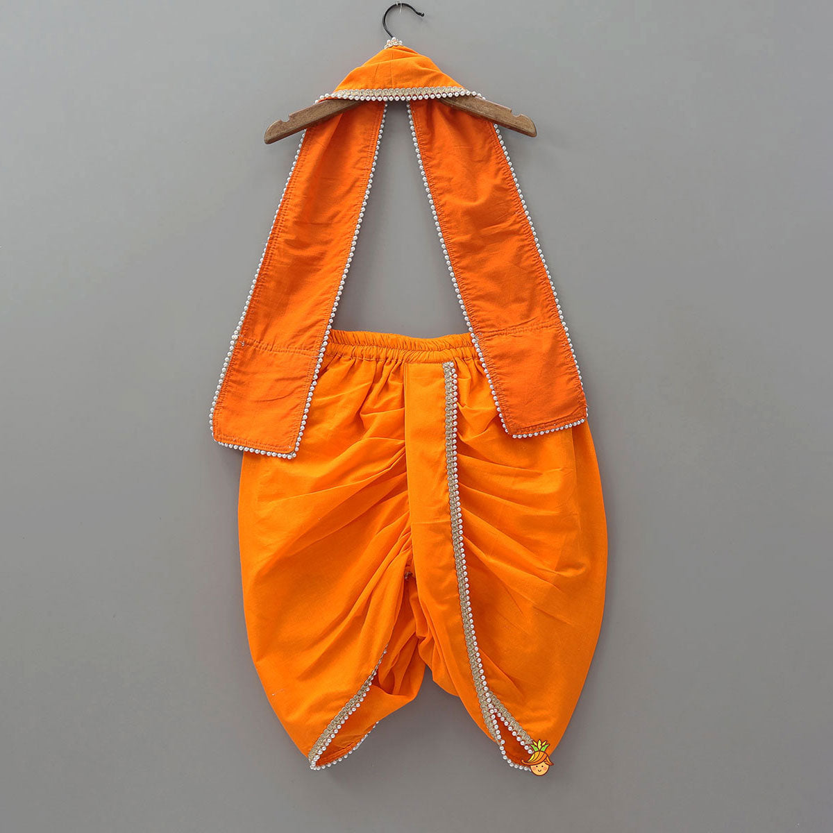 Pre Order: Festive Dhoti Set With Matching Stole And Waist Belt With Headband