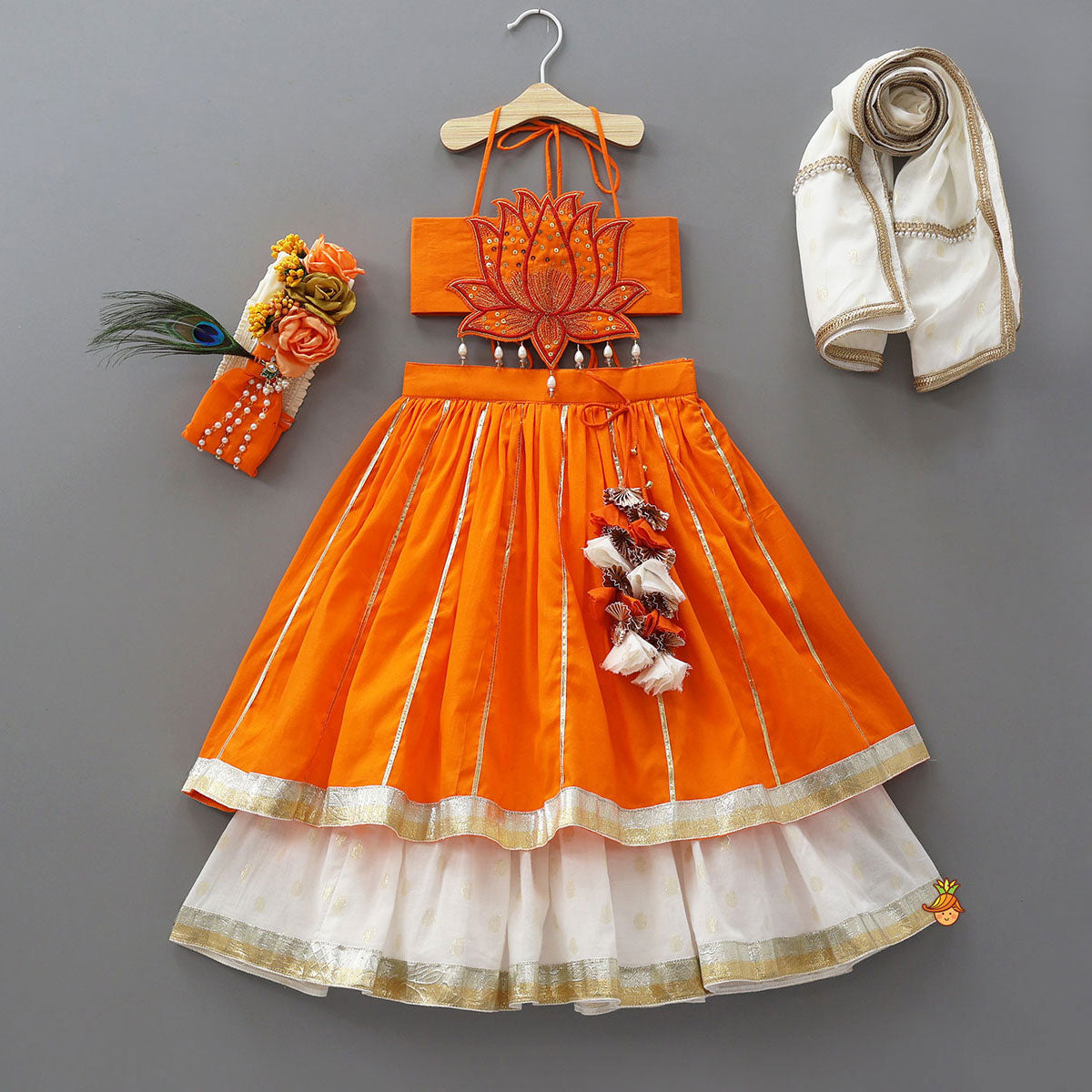 Pre Order: Lotus Applique Work Cotton Crop Top And Layered Lehenga With Dupatta And Matching Headband